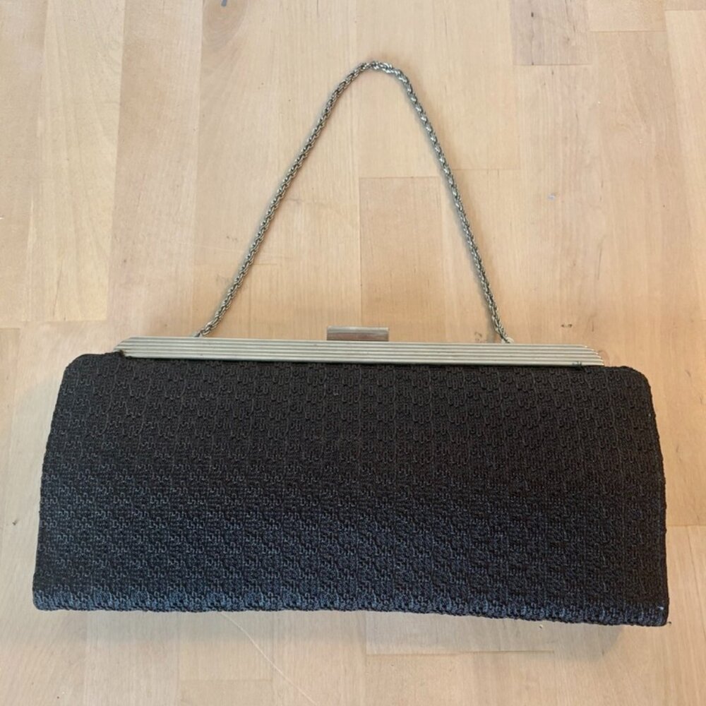 Vintage 1940s Black Clutch Purse with Silver toned frame and chain